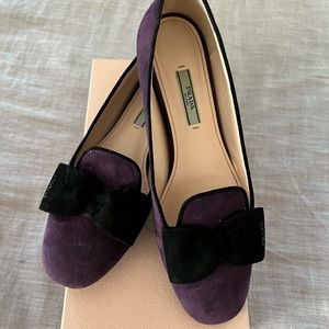 Prada suede flats, purple with black bow, size 9, in great condition.